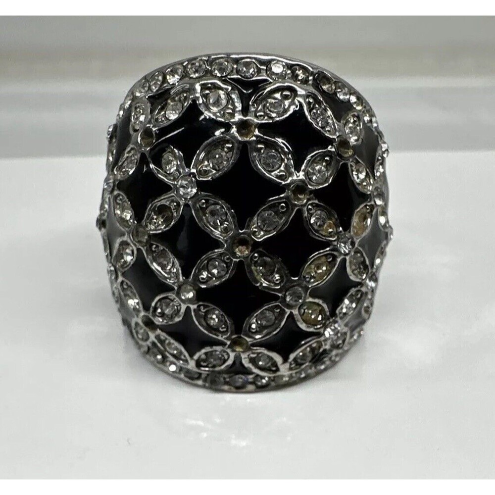 Vintage Cocktail Ring Sterling Silver Black Enamel Dome Rhinestones Size 6